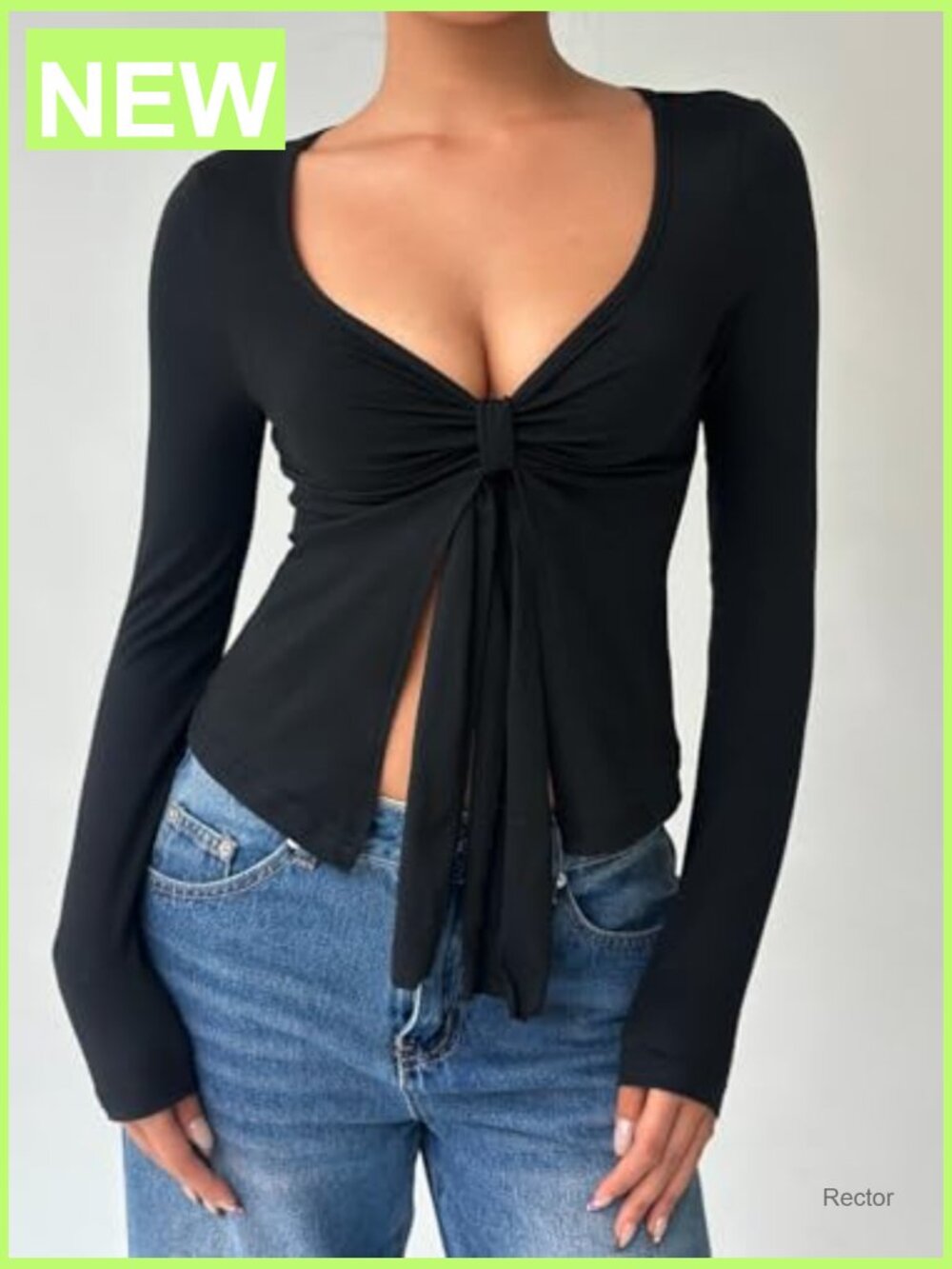 Long Sleeve Knot Front V Neck Split Hem Tunic Crop Top - Picture 3 of 4